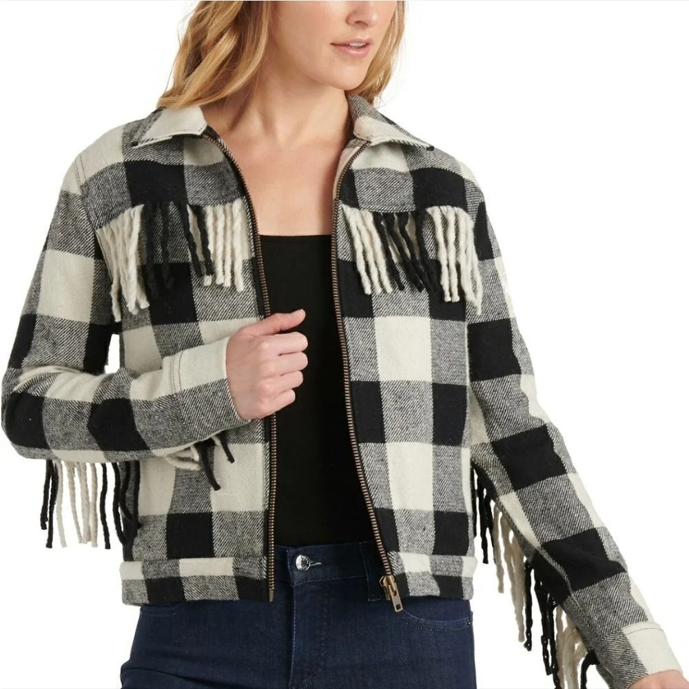 LUCKY BRAND Womens Buffalo Plaid Fringe Wool Blend Jacket Black White Medium